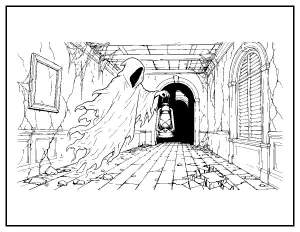 Spooky Ghost in an Abandoned Hallway coloring page – printable line art