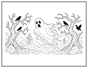 Spooky Ghost in the Forest coloring page – printable line art