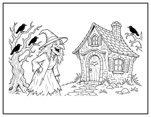 Spooky Old Witch at Her Cottage coloring page – printable line art