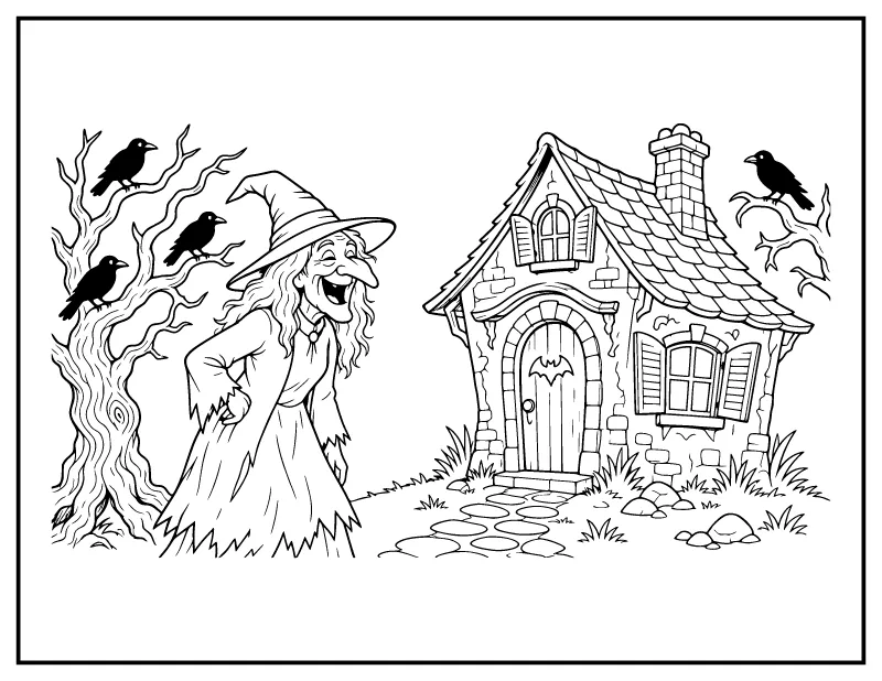 Spooky Old Witch at Her Cottage coloring page – printable black and white line art