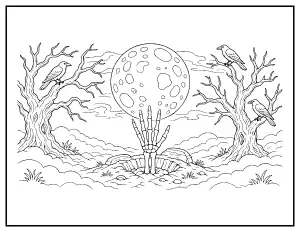 Skeleton Hand Rising from a Grave coloring page – printable line art
