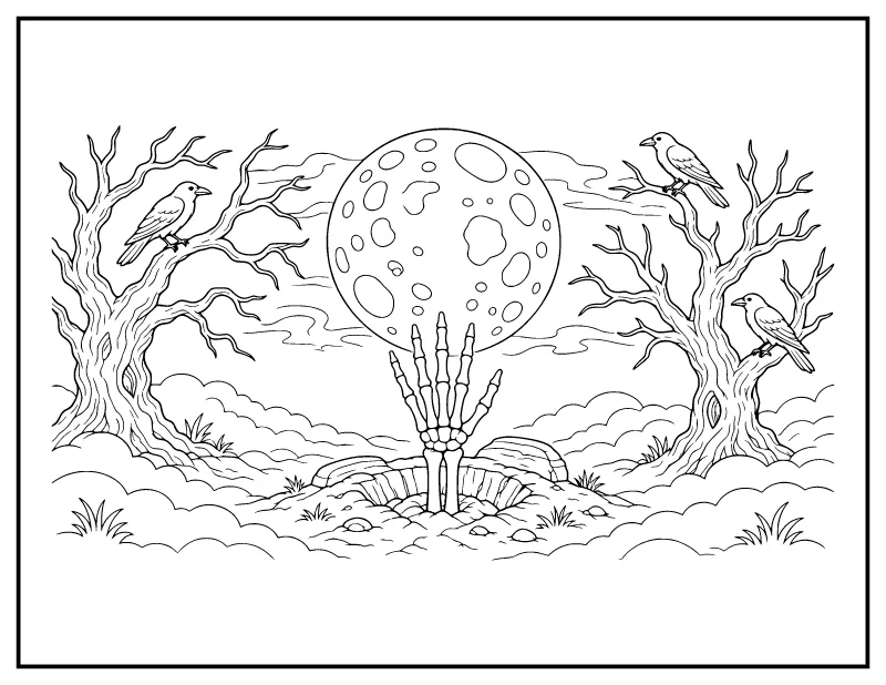 Skeleton Hand Rising from a Grave coloring page – printable black and white line art