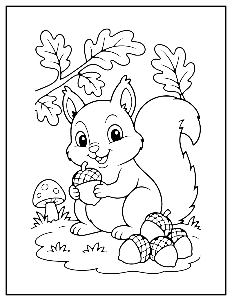 Squirrel with Acorns coloring page – printable black and white line art