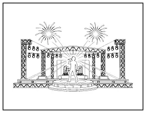 Concert Stage with Fireworks coloring page – printable line art