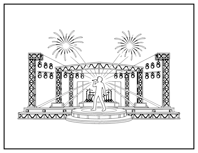 Concert Stage with Fireworks coloring page – printable black and white line art
