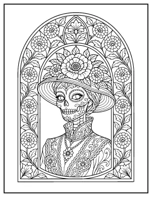Stained Glass Catrina Window coloring page – printable line art