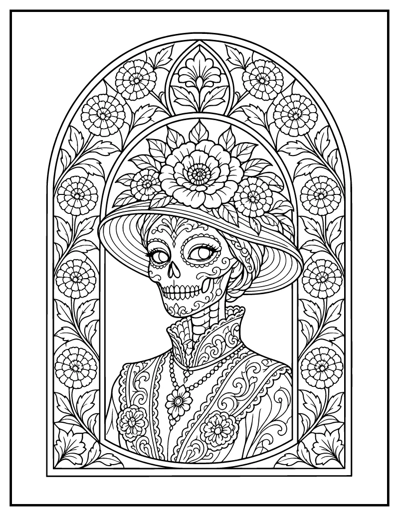 Stained Glass Catrina Window coloring page – printable black and white line art
