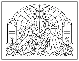 Stained Glass Nativity coloring page – printable line art