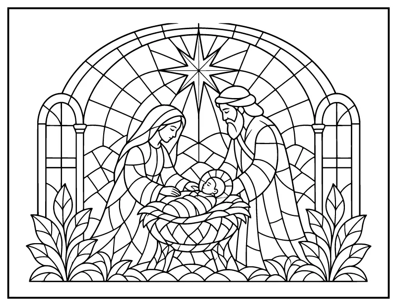 Stained Glass Nativity coloring page – printable black and white line art