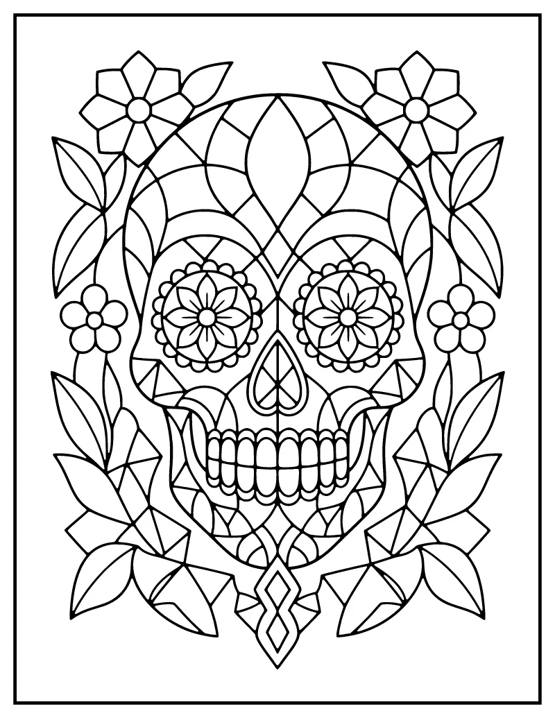 Stained Glass Sugar Skull coloring page – printable black and white line art