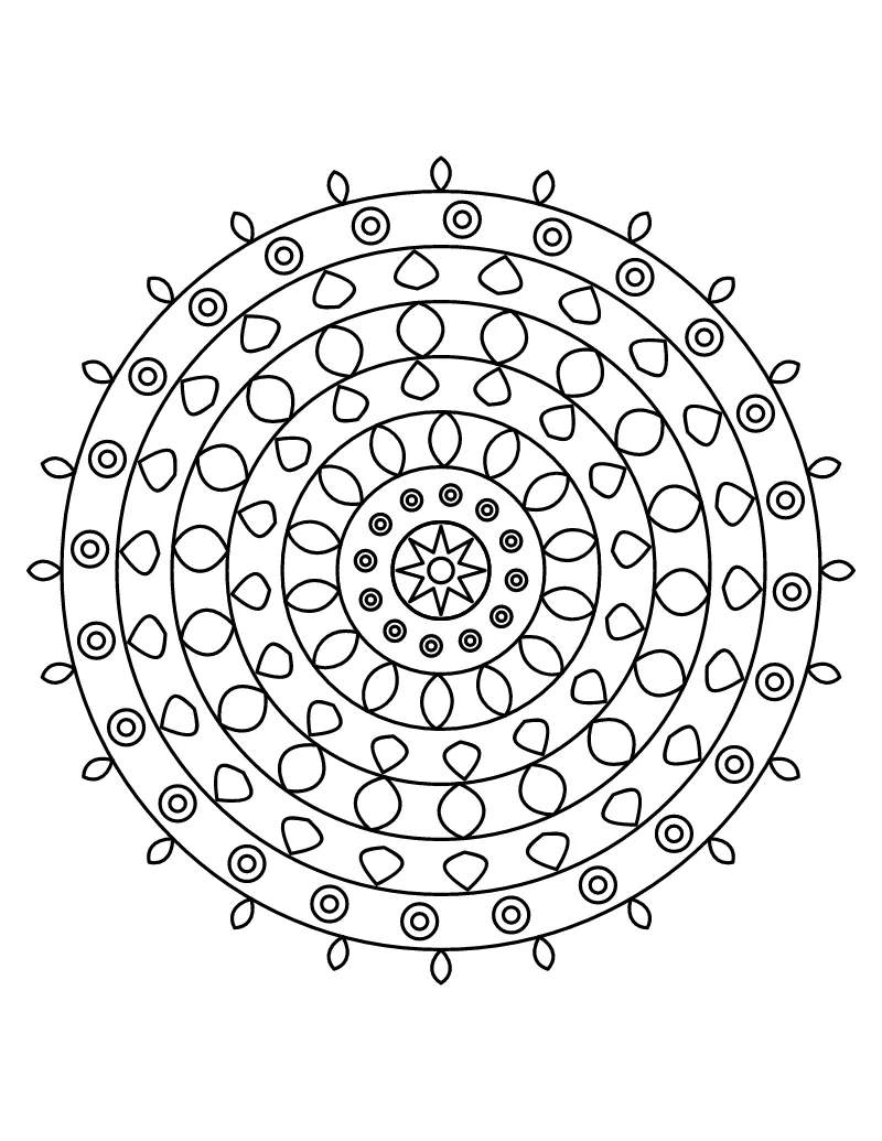 Star Mandala coloring page – printable black and white line art