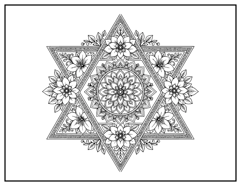 Star of David Mandala coloring page – printable black and white line art