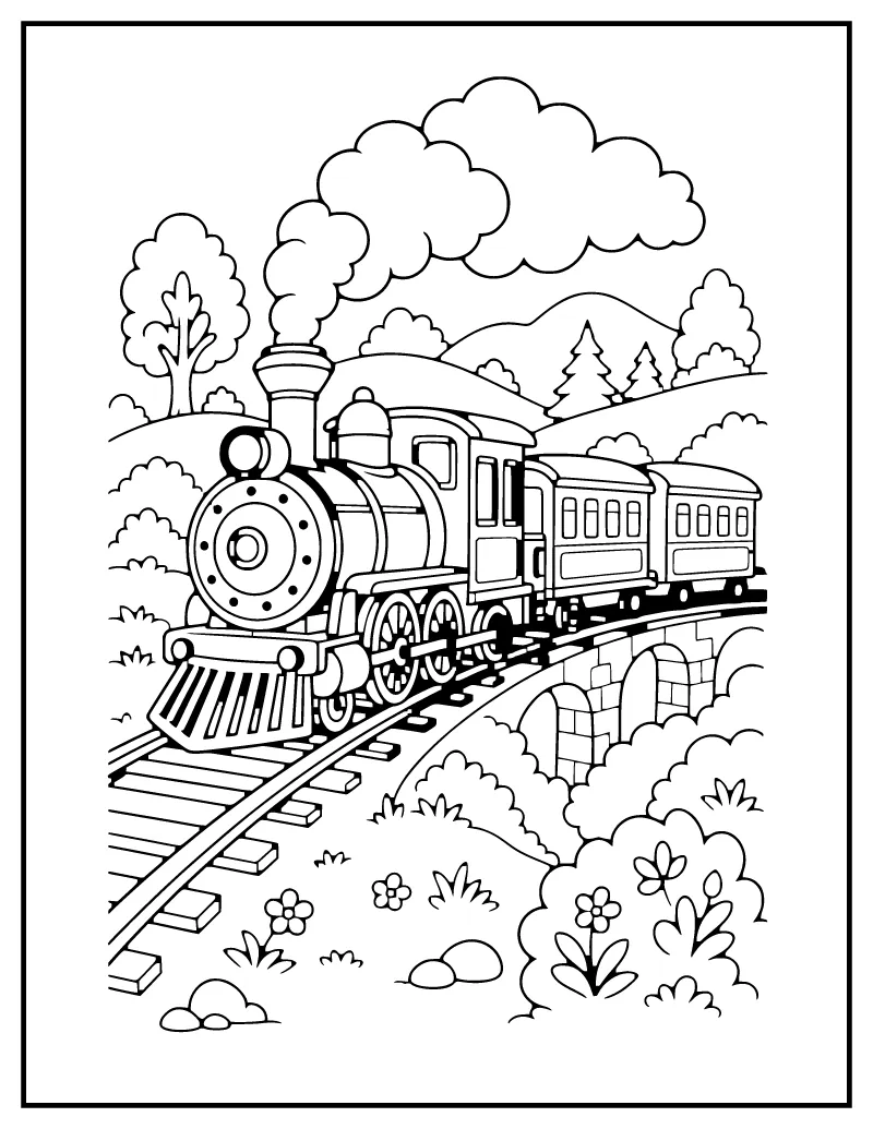 Steam Train coloring page – printable black and white line art
