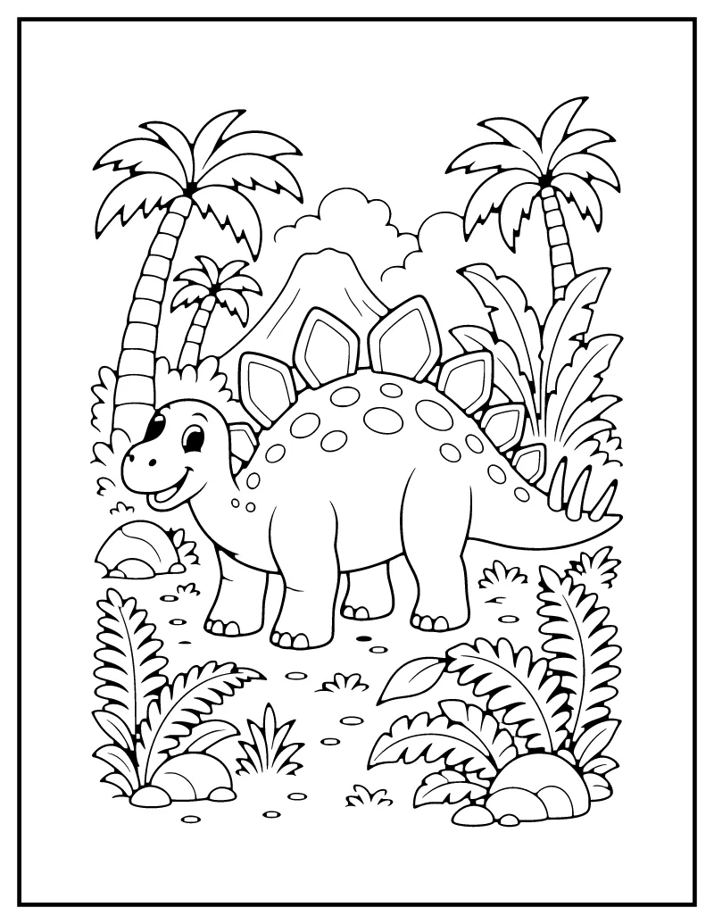 Stegosaurus in the Jungle coloring page – printable black and white line art