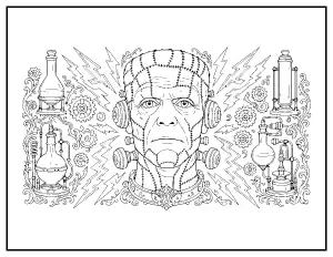 Stitched Monster with Lightning and Gears coloring page – printable line art