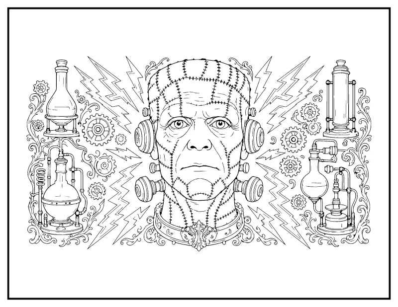 Stitched Monster with Lightning and Gears coloring page – printable black and white line art