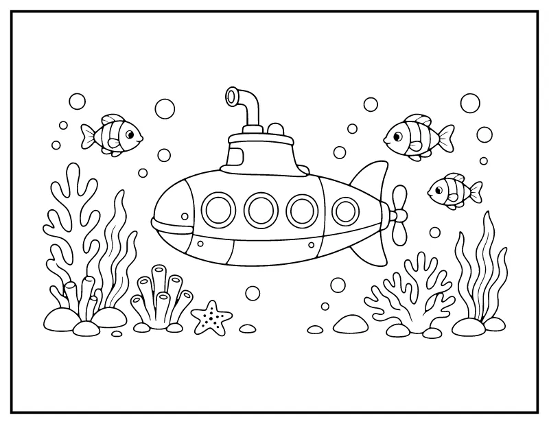 Submarine Underwater coloring page – printable black and white line art