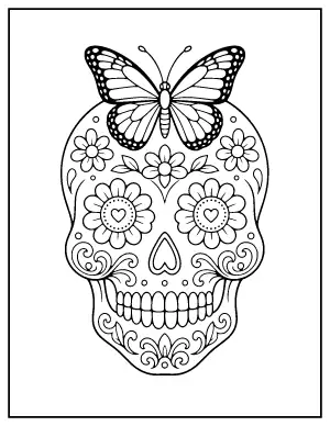 Sugar Skull with a Monarch Butterfly coloring page – printable line art