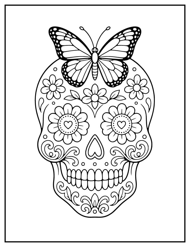 Sugar Skull with a Monarch Butterfly coloring page – printable black and white line art
