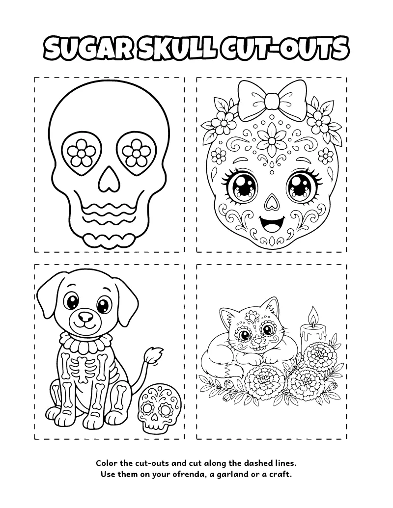 Sugar Skull Cut-Outs (Cut and Color) coloring page – printable black and white line art