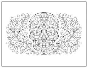 Ornate Floral Sugar Skull coloring page – printable line art