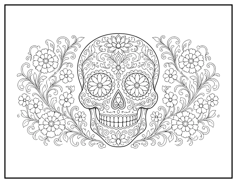 Ornate Floral Sugar Skull coloring page – printable black and white line art