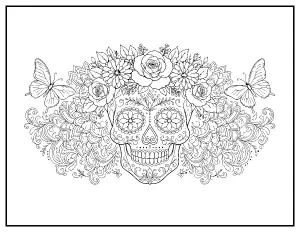 Sugar Skull with a Flower Crown and Butterflies coloring page – printable line art