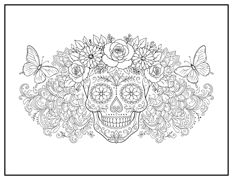 Sugar Skull with a Flower Crown and Butterflies coloring page – printable black and white line art