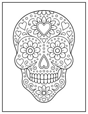 Sugar Skull with Hearts and Swirls coloring page – printable line art