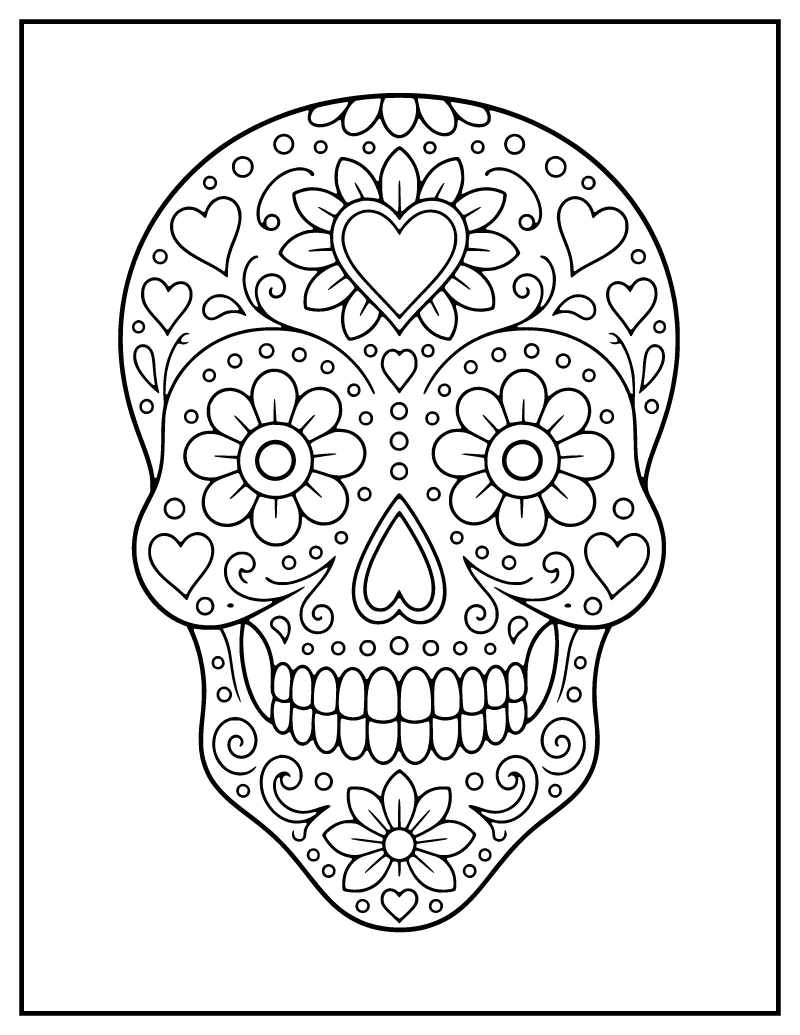 Sugar Skull with Hearts and Swirls coloring page – printable black and white line art