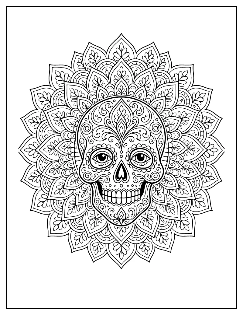 Sugar Skull Mandala coloring page – printable black and white line art