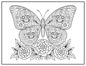 Sugar Skull Monarch Butterfly coloring page – printable line art
