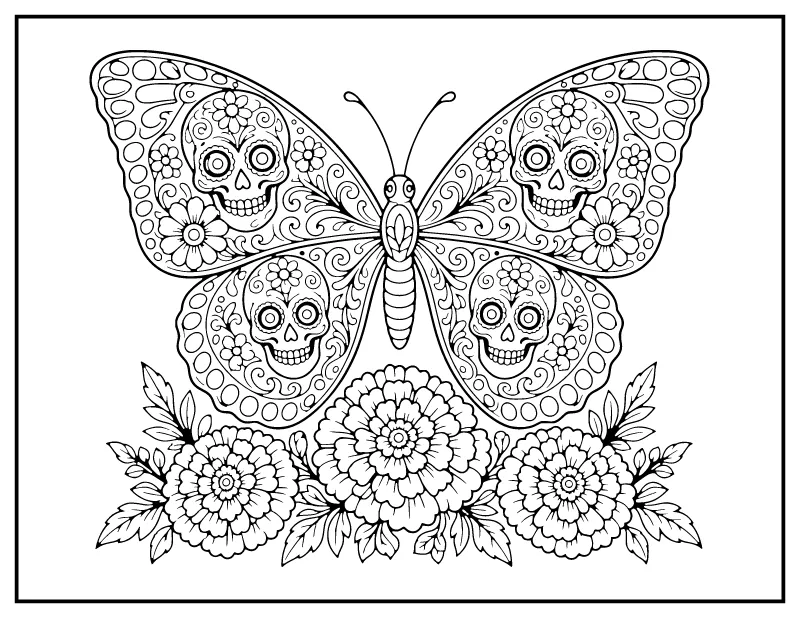 Sugar Skull Monarch Butterfly coloring page – printable black and white line art