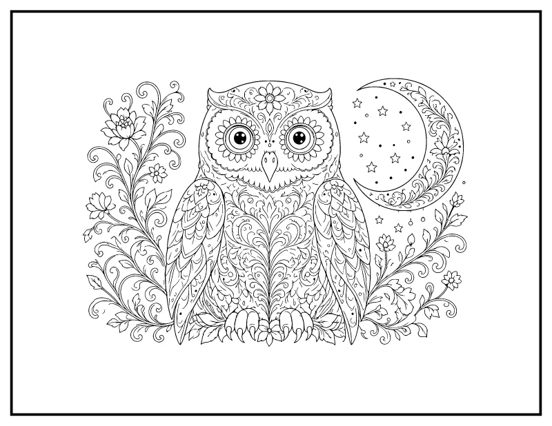 Sugar Skull Owl with a Crescent Moon coloring page – printable black and white line art