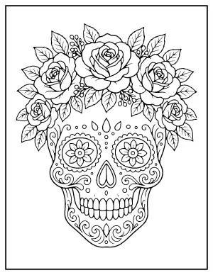 Sugar Skull with Roses coloring page – printable line art