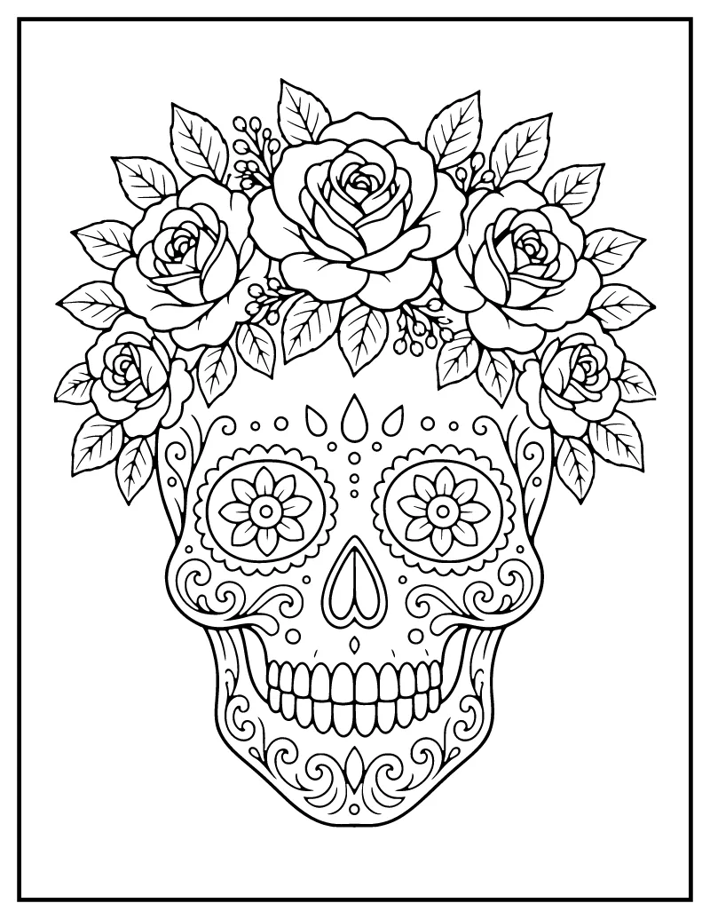 Sugar Skull with Roses coloring page – printable black and white line art