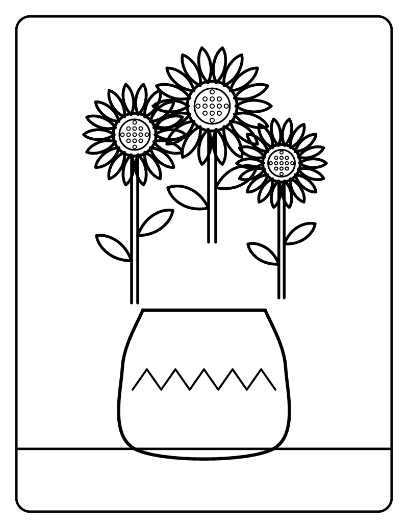 Sunflower Bouquet in a Vase coloring page – printable black and white line art