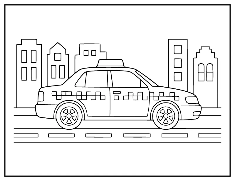 Taxi Cab in the City coloring page – printable black and white line art