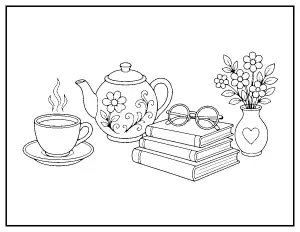 Tea, Books and Flowers coloring page – printable line art