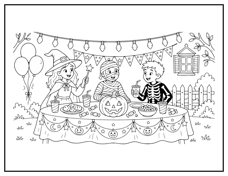Halloween Costume Party Table coloring page – printable black and white line art