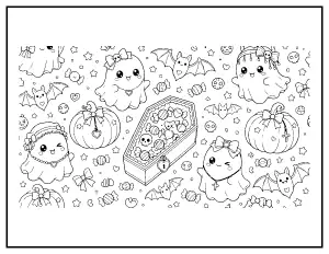 Kawaii Goth Ghosts with a Coffin and Candy coloring page – printable line art