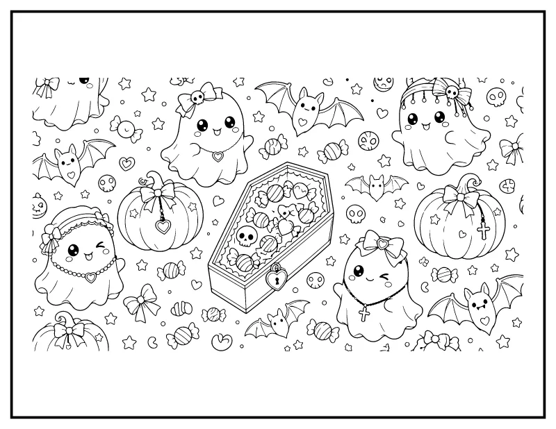 Kawaii Goth Ghosts with a Coffin and Candy coloring page – printable black and white line art