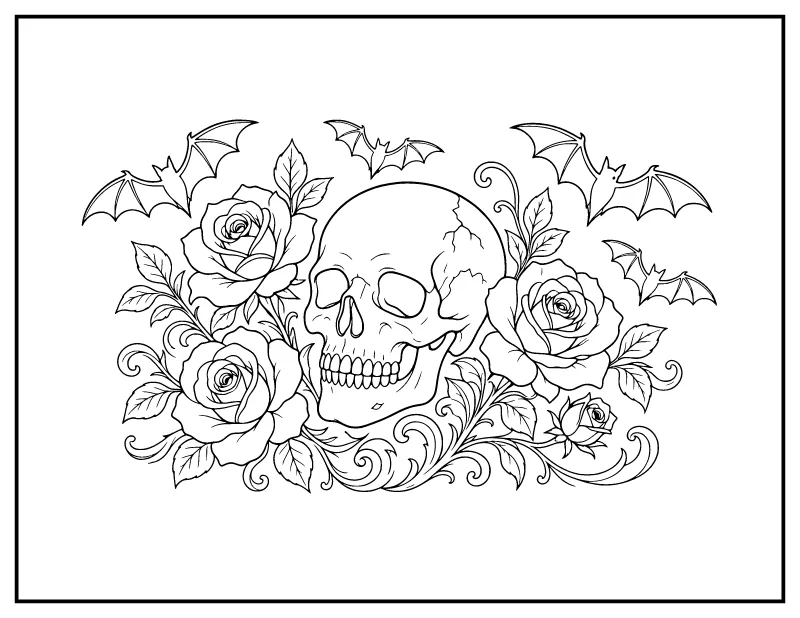 Skull with Roses, Flourishes and Bats coloring page – printable black and white line art