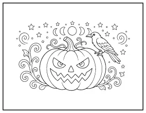 Swirly Jack-o-Lantern with a Crow and Moon Phases coloring page – printable line art