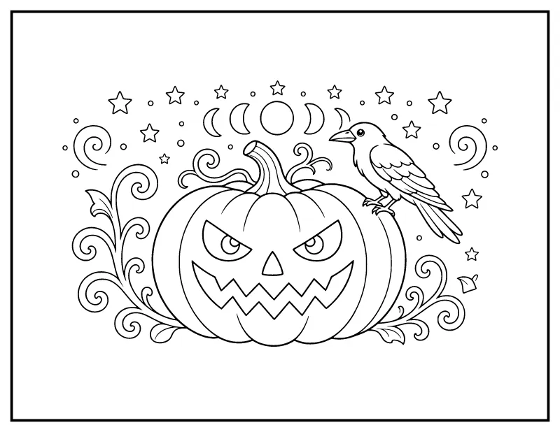 Swirly Jack-o-Lantern with a Crow and Moon Phases coloring page – printable black and white line art