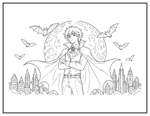Vampire in a Cape Before the Moon and City Skyline coloring page – printable line art
