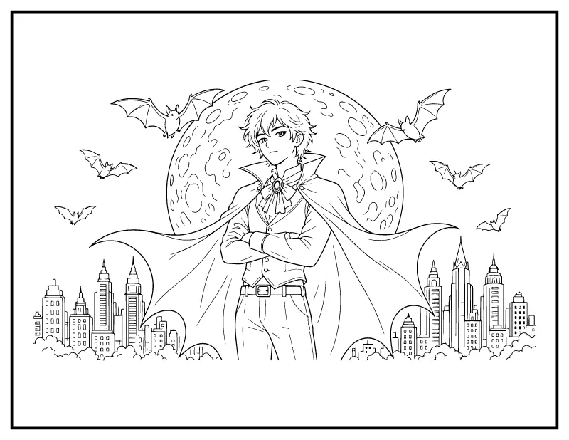 Vampire in a Cape Before the Moon and City Skyline coloring page – printable black and white line art