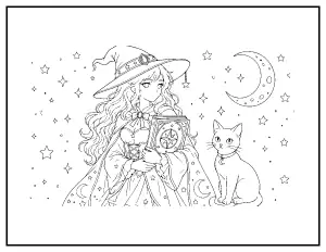 Anime-Style Witch with a Spellbook and Black Cat coloring page – printable line art