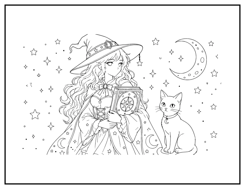 Anime-Style Witch with a Spellbook and Black Cat coloring page – printable black and white line art
