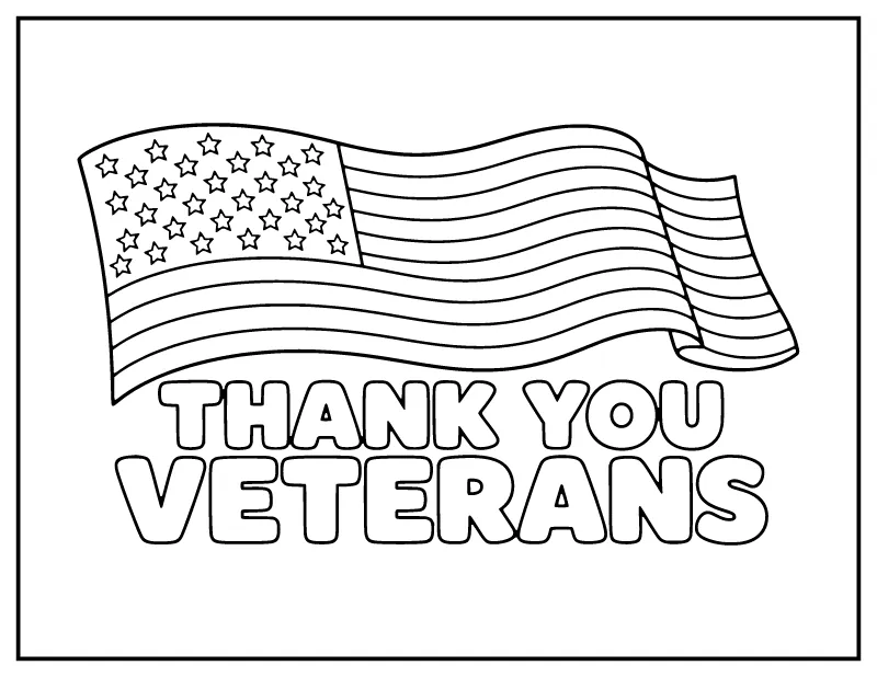 Thank You Veterans Flag Letters coloring page – printable black and white line art